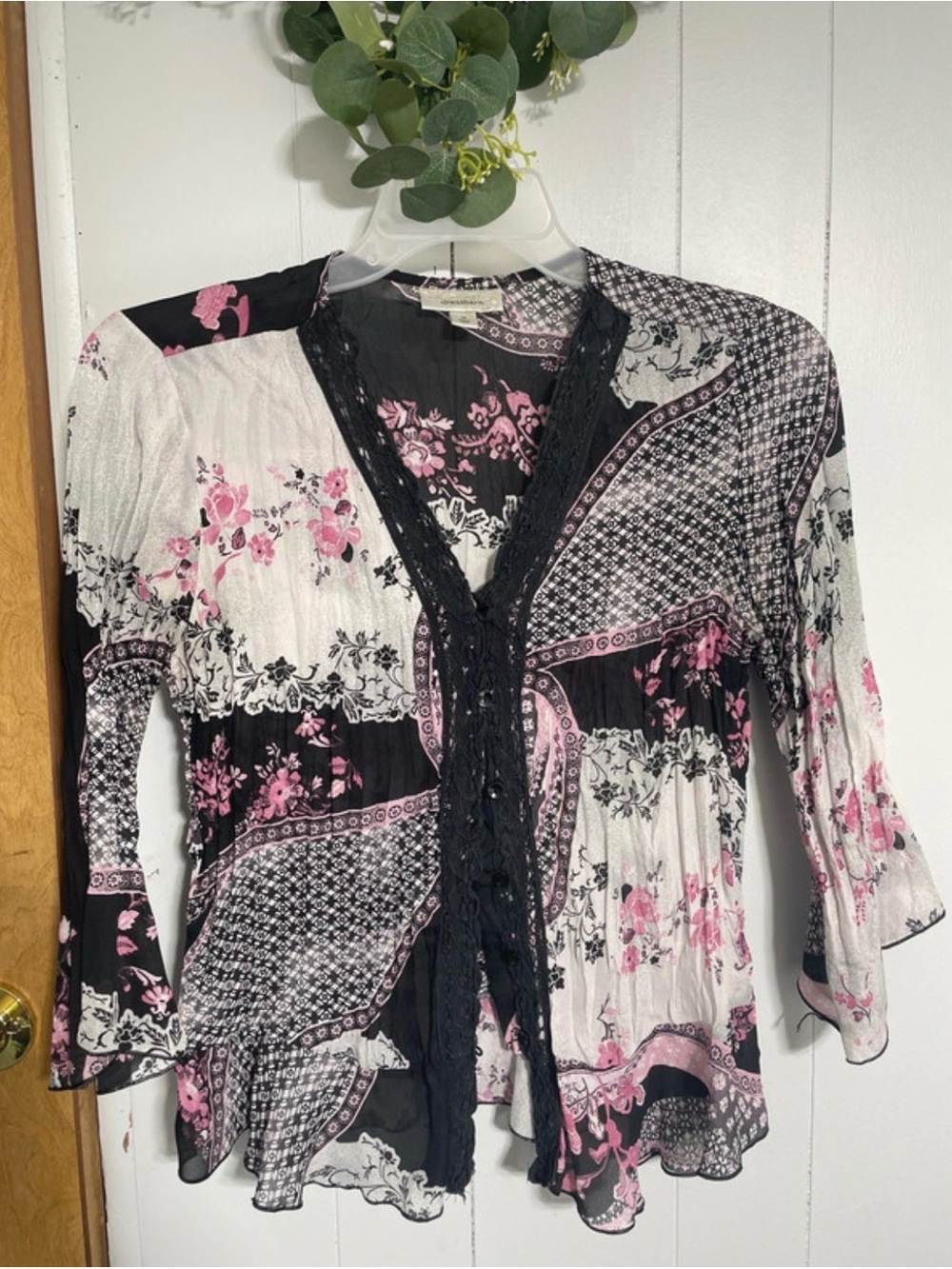 dressbarn Black & Pink Patchwork Floral Lace-Trim Blouse